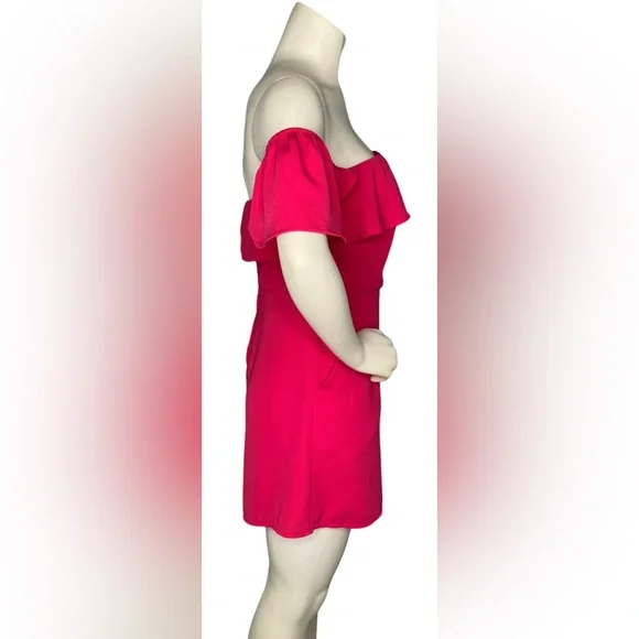 NWOT. SHINESTAR Pink Off Shoulder Flounce Sleeve Romper With Pockets - Picture 7 of 14